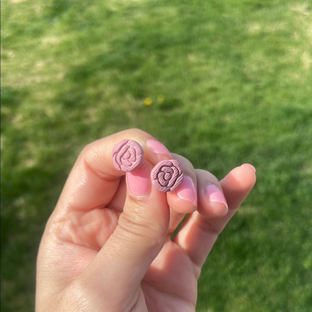 Pink Rose Stud Clay Earrings